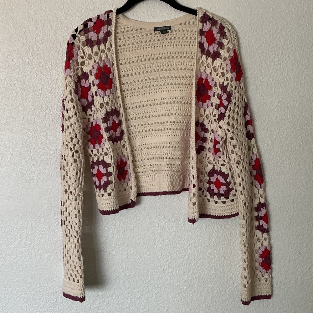 wild fable Crochet Open-Front Cardigan in Cream with Red & Pink Accents